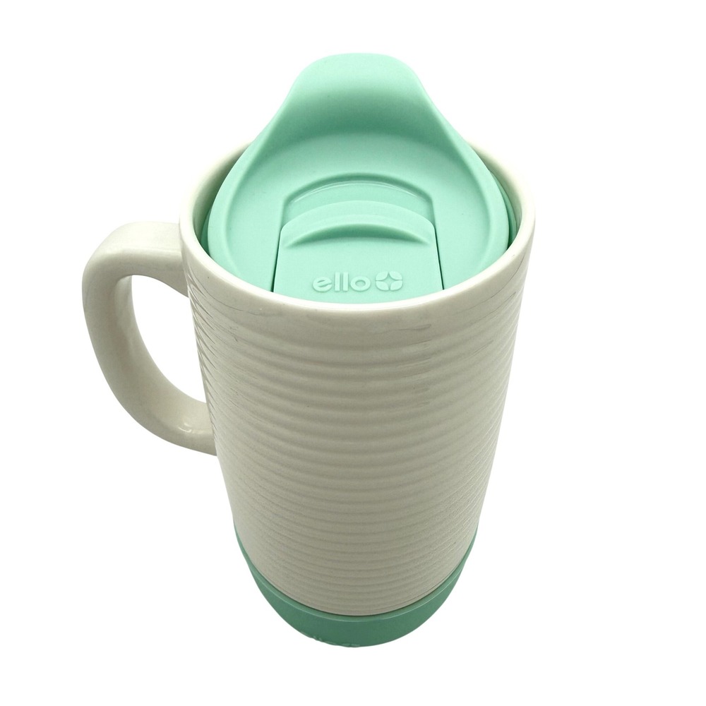 ELLO 18oz Ceramic Travel Mug White Mint Green Ribbed Tumbler with Lid and Boot